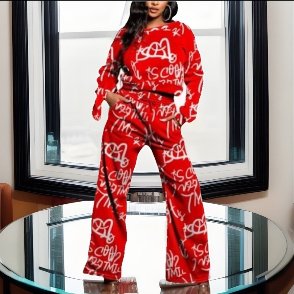 2Pc Red Design Long Sleeve Long Crop Top W/Tie & Wide Leg Outfit